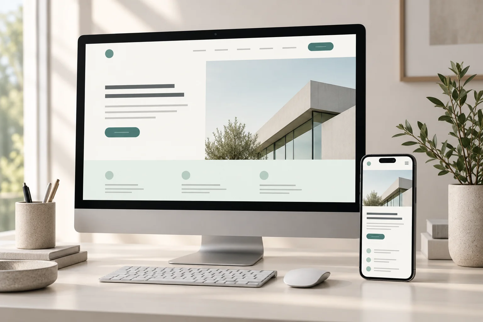 ภาพประกอบเว็บไซต์สมมติบนคอมพิวเตอร์และมือถือในรูปแบบ Responsive